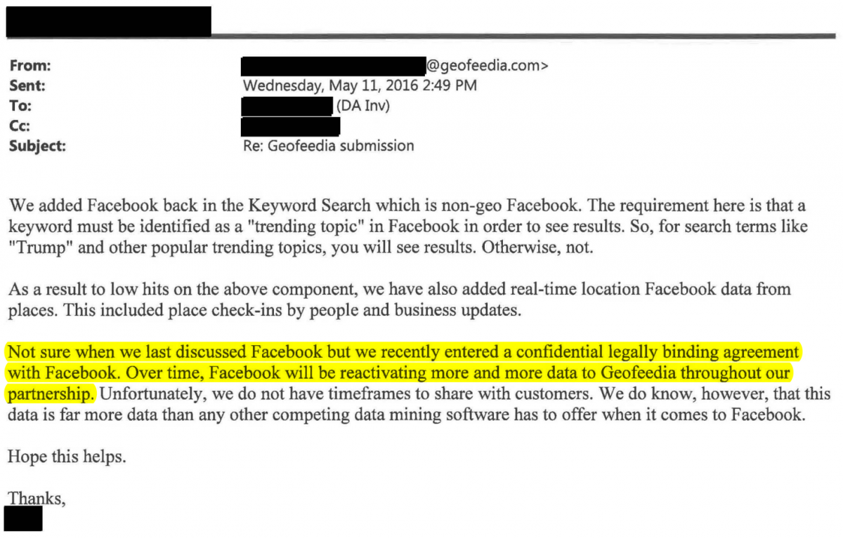 Geofeedia email touting an agreement with Facebook