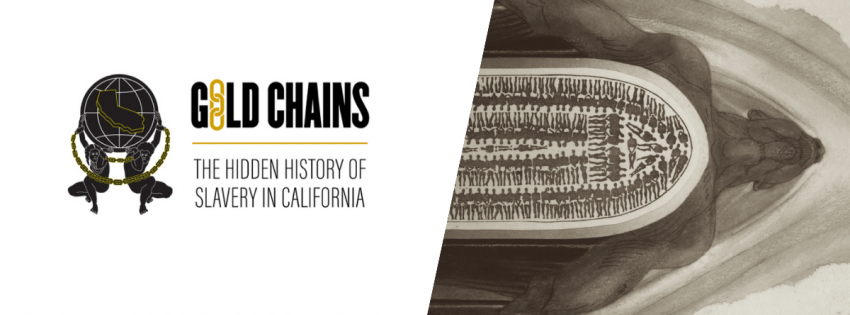 Gold Chains, the hidden history of slavery in California, art piece man embodying slave ship