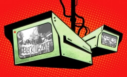 Surveillance cameras displaying BLM activists on red background