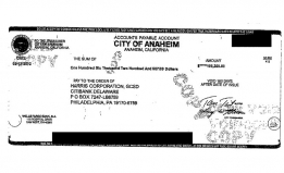 An image of a check from the City of Anaheim to Harris Corporation, for $106,200