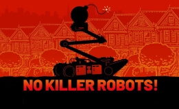 Red and black graphic with a robot holding a bomb outside of San Francisco's Painted Ladies. 