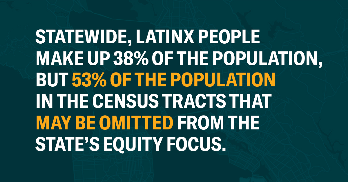 Statewide, Latinx people make up approximately 38% of the population, but Latinx people make up 53% of the population in the census tracts that may be omitted from the state’s equity focus