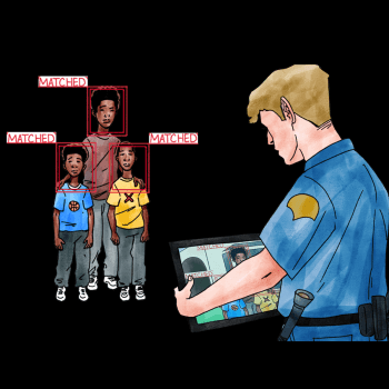 Illustration of a while police officer using facial recognition technology to scan and identify a Black family. 