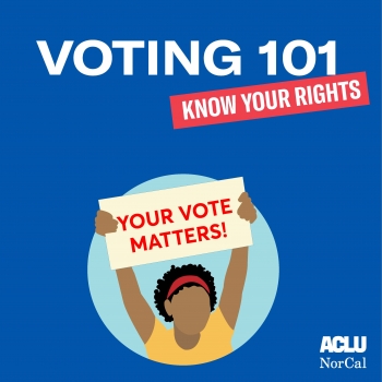 Know Your Rights Voting 101 illustration of woman holding sign that says "Your Vote Matters"