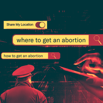 Red and black graphic that shows different reverse warrant key word searches, such as "how to get an abortion"