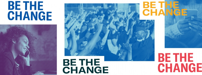 Graphic of three photographs: one with a woman on the phone, another of a protest outside, and another of a person holding a phone in their hands