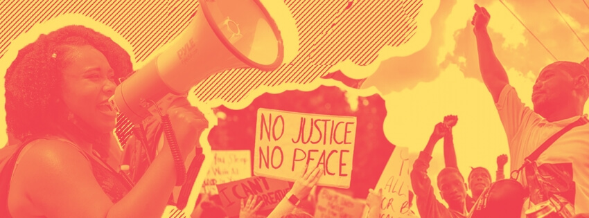 Graphic with yellow and red colors. To the left of the image is a Black woman holding a megaphone, in the middle there is a cropped image of a person holding a rally sign reading "No justice, No peace" and on the left is a Black man with his fist raised in the air.