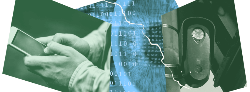 person on cell phone, eyeball, and surveillance camera