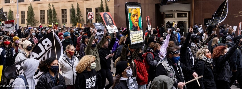 Protesters rally in downtown Minneapolis on the day of the Derek Chauvin murder trial