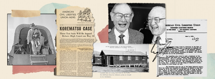 Collaged image of archived ACLU News clippings and letters written by former ACLU NorCal Executive Director Besig to his client Fred Korematsu