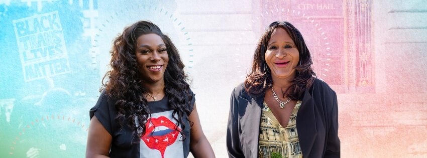 Cropped portraits of Janelle Luster and Ms. Janetta Johnson in the foreground of a colorful backdrop. Photos by Bethanie Hines.