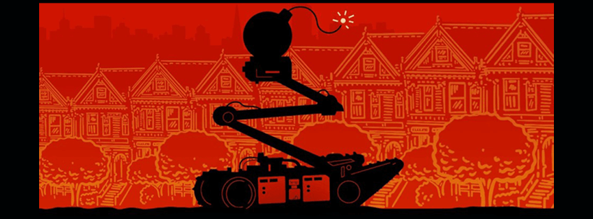Black and red graphic with a robot carrying a bomb outside of San Francisco's painted ladies