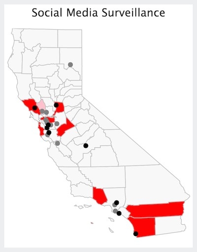 Map of California, with dots marking the areas where local law enforcement has acquired social media monitoring software