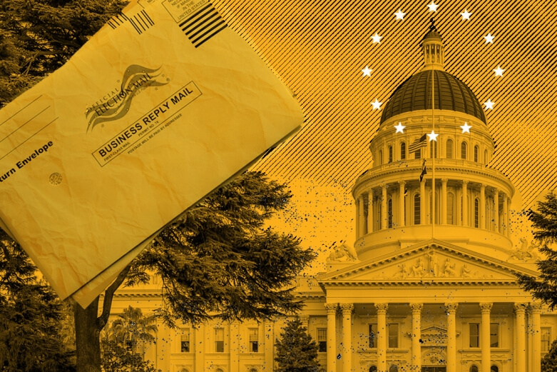 California State Capital is to the right with white stars around it. There is a yellow color applied to the image. Envelopes to vote by mail are to the right of the State Capital