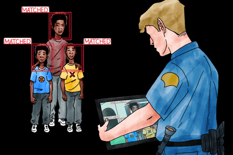 Illustrated image of a white police officer using face surveillance on a Black family. It