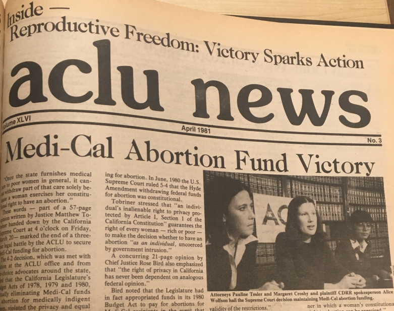 A clipping from the 1981 ACLU News announcing victory in the lawsuit to protect abortion care in California