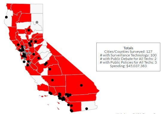 Map of California, showing the proliferation of police surveillance technology