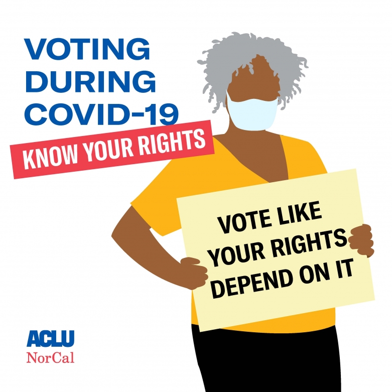 Know Your Rights Voting During COVID-19 illustration of woman wearing mask and holding a sign that says "Vote like your rights depend on it"