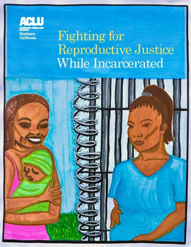 A drawing of two women, one holding a newborn, separated by prison bars.