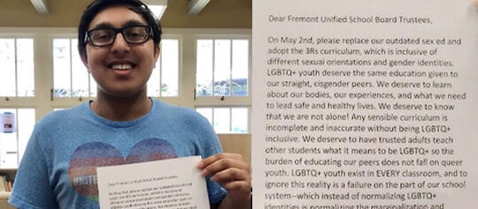 The author stands in their school library, holding their letter to the school district and smiling at the camera