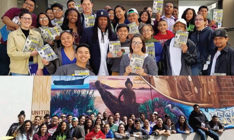 Two group shots of students from Stockton Unified School District on a field trip