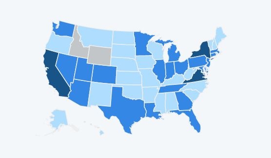 Map of the U.S., representing the number government data demands by state, released by Twitter