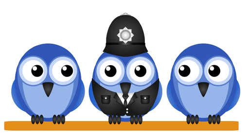 Three blue birds on a line, one is wearing a police uniform