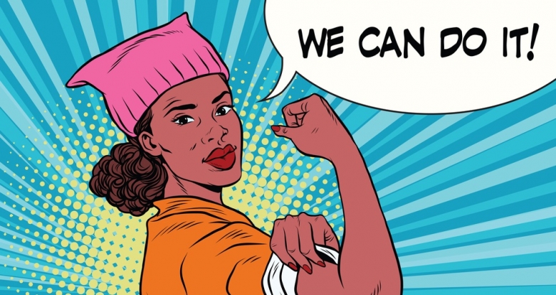 An illustration of a black woman wearing a pink hat from the women's march, flexing her arm, with a speech bubble that says "WE CAN DO IT!"