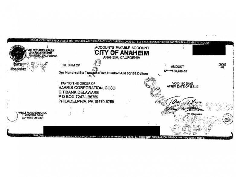 An image of a check from the City of Anaheim to Harris Corporation, for $106,200