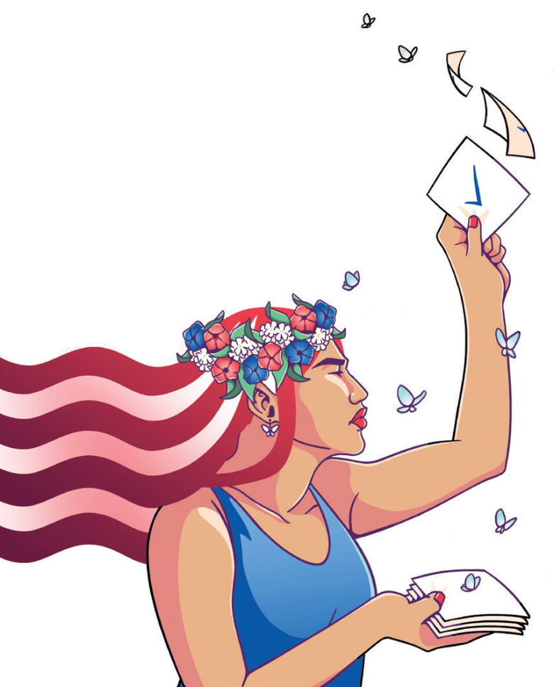 lady holding up a ballot. artwork by jackie fawn.