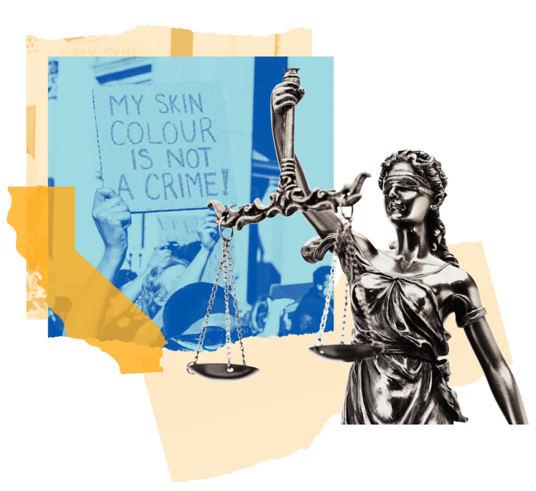 opaque blue square overlaid on a photograph of a rally poster reading 'My Skin Color is not a crime'. A yellow outline of the state of California is to the left of the blue square. To the right of the blue square is a black and white cutout of figure holding the scales of justice. 