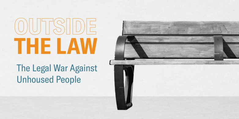 A bench is to the right with text to the left that reads "Outside the Law"