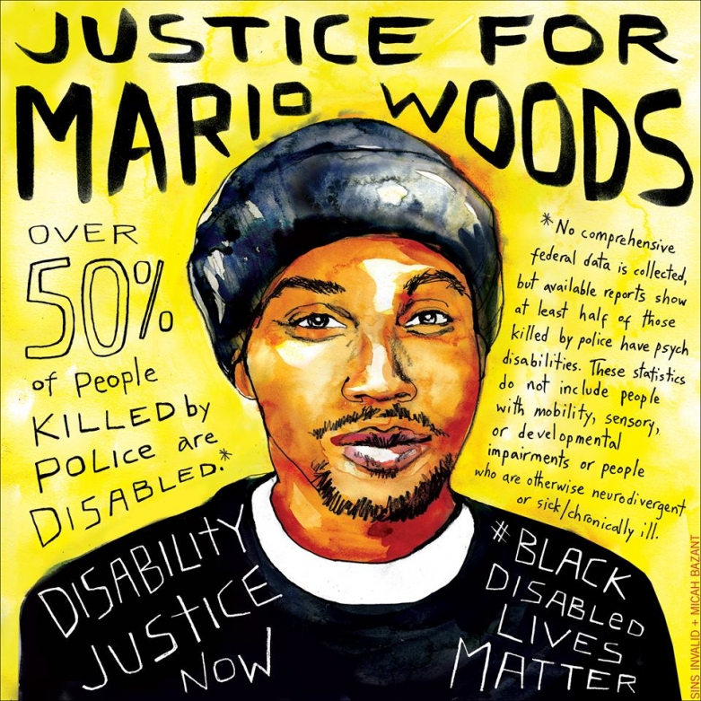 Justice for Mario Woods illustration by Sins Invalid and Micah Bazant