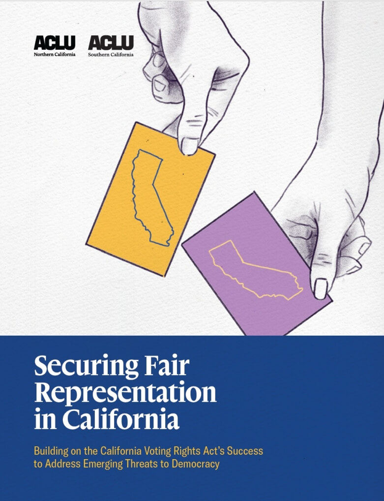 Cover of Securing Fair Representation report with hands holding paper ballots with the state outline on them