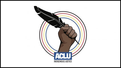Four rings circle a clenched fist holding a feather. The ACLU logo is at the bottom of the clenched fist. 