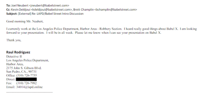 Screenshot of an email exchange between LAPD and a Babel Street Employee