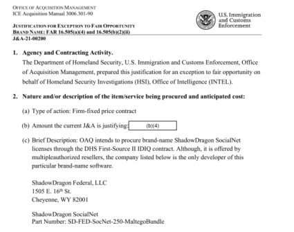 Screenshot of a government procurement document between ShadowDragon and ICE