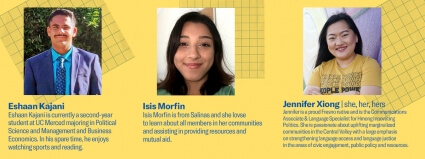 Yellow graphic of Emerging Leadership Institute participants Eshaan Kajani, Isis Morfin, Jennifer Xiong 