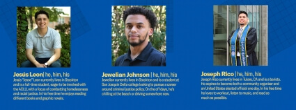 Blue graphic of Emerging leadership Institute participants Jesús “Jesse” Leon, Jewelian Johnson, Joseph Rico