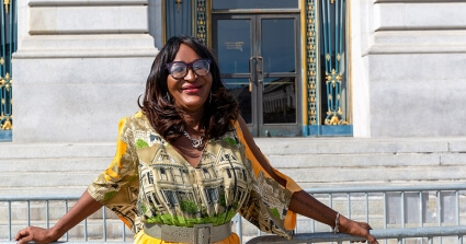 Bay Area, Black Trans visionary Janetta Johnson in front of San Francisco City Hall. Photo by Bethanie Hines.