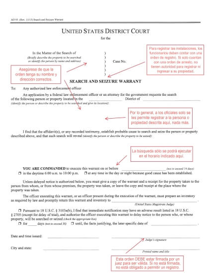 Judicial search warrant with Spanish annotations. 