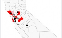 Map of California, with dots marking the areas where local law enforcement has acquired social media monitoring software