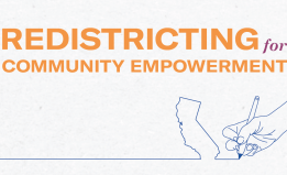 Text reads "Redistricting for Community Empowerment". Underneath that text is a hand holding a pencil drawing an outline of the shape of the state of California