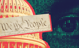 Split picture between the US capitol, and series of ones and zeroes making an eye. The left side is red, the right green. There's a clip of "We the people" from the constitution imposed over the capitol. 