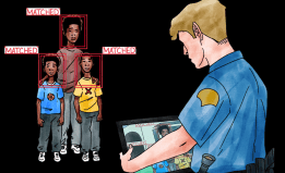 Illustrated image of a white police officer using face surveillance on a Black family. It