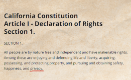 Image of the California Constitution, Article 1, Section 1. The word privacy is underline in red. 