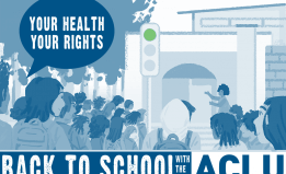 Illustration of school with students saying "Back to school with ACLU"
