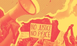 Orange colored graphic showing women with microphone backed by other protesters holding a "no justice, no peace" sign