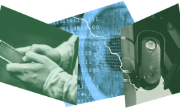 Collage with person using cell phone, eyeball, and surveillance camera.