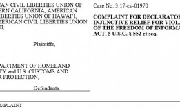 An excerpt from the ACLU legal complaint reads: AMERICAN CIVIL LIBERTIES UNION OF NORTHERN CALIFORNIA, AMERICAN CIVIL LIBERTIES UNION OF HAWAIʻI, AND AMERICAN CIVIL LIBERTIES UNION OF UTAH,   Plaintiffs,    v.   U.S. DEPARTMENT OF HOMELAND SECURITY and U.S. CUSTOMS AND BORDER PROTECTION,    Defendants. COMPLAINT FOR DECLARATORY AND INJUNCTIVE RELIEF FOR VIOLATION OF THE FREEDOM OF INFORMATION ACT